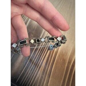Vintage Art Deco Black Onyx Marcasite Mother Of Pearl Sterling Silver Bracelet